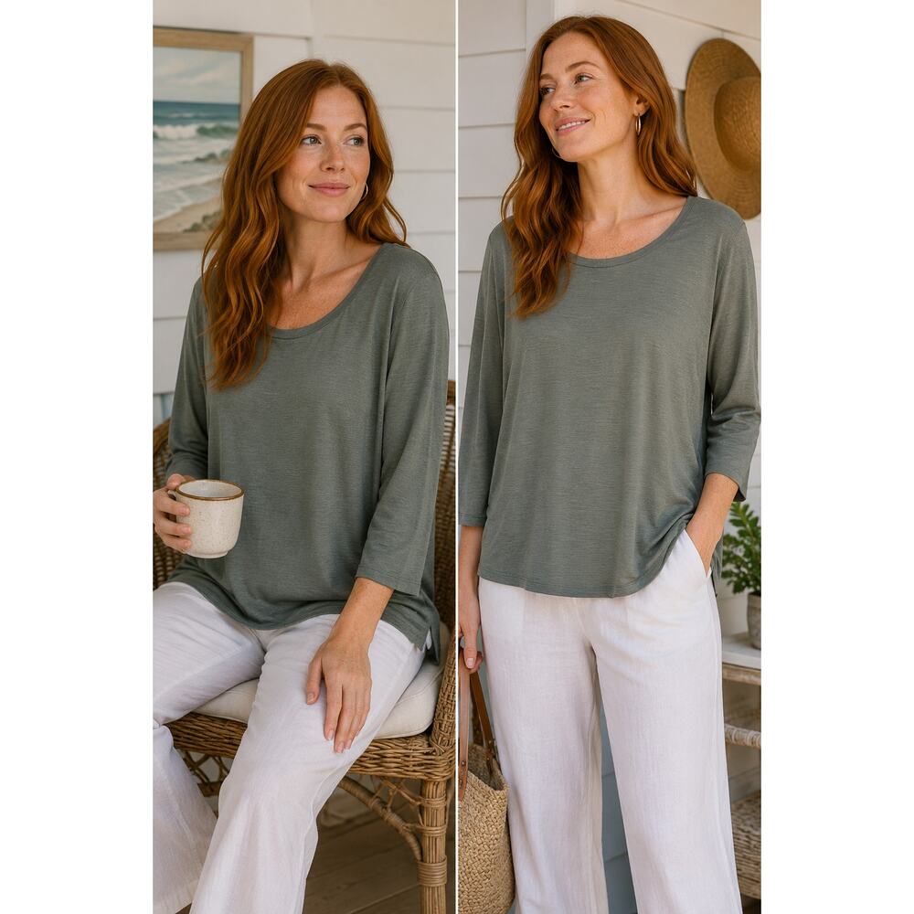 Eileen Fisher Olive Green Silk Blend Tunic Top XL Coastal Grandma Minimalist Lux